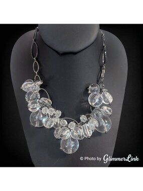 Black Tone Cluster Bib Statement Necklace Clear Acrylic Bubble Beads 16-18"